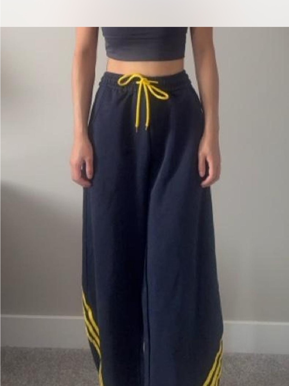 Navy High Waist Yellow Stripes Barrel Wide-Leg Sweatpants with Yellow Drawstring